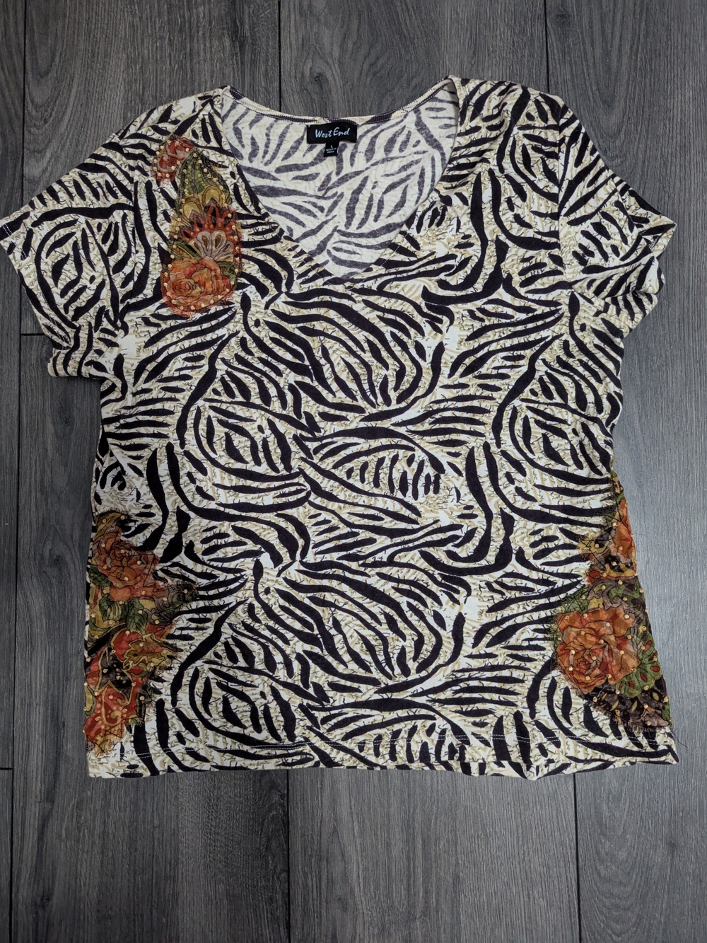 West End Black & White Zebra-Print Short Sleeve Top with Orange Floral Accents